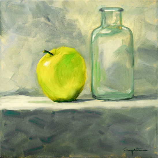 Manzana y botella Oil Canvas Still Life Paintings