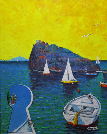 Ischia Castello Aragonese 2024 Acrylic Textile Marine Painting