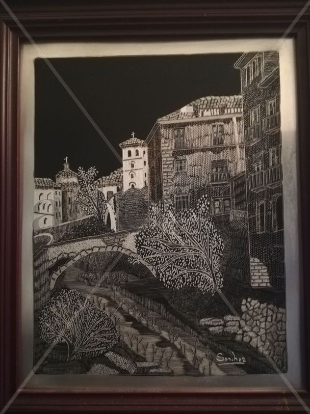 Paisaje río, puente y casas