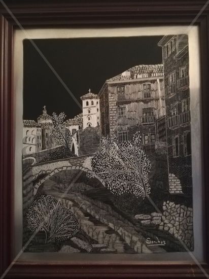 Paisaje río, puente y casas Rotogravure