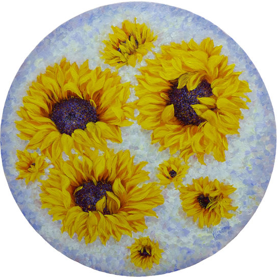 Anastasia Woron: "Girasoles Resplandecientes" - Óleo Original (40x40 cm.) 2024 Óleo Lienzo Floral