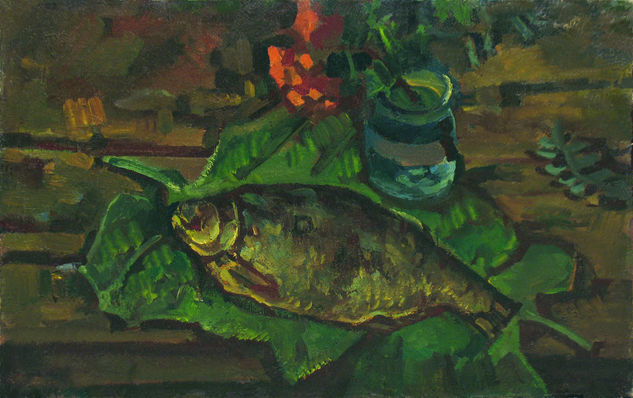 Still life with fish on leaves Óleo Lienzo Bodegones