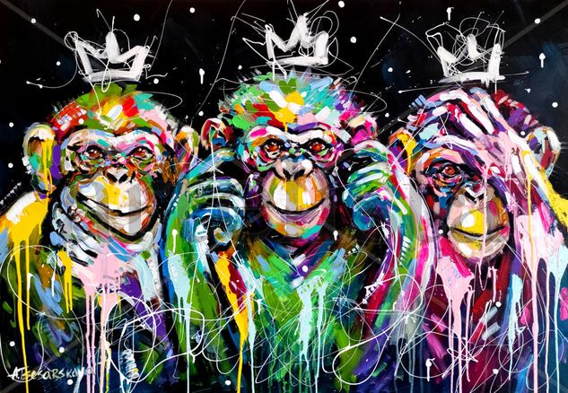 Three colorful monkeys Acrylic Canvas Animals