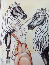 Mujer con dos caballos