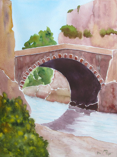 puente Acuarela Papel Paisaje