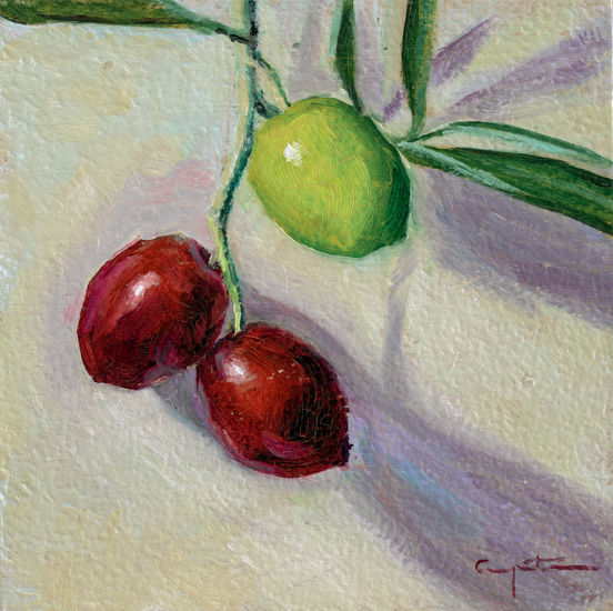 Dos moradas y una verde Oil Panel Still Life Paintings