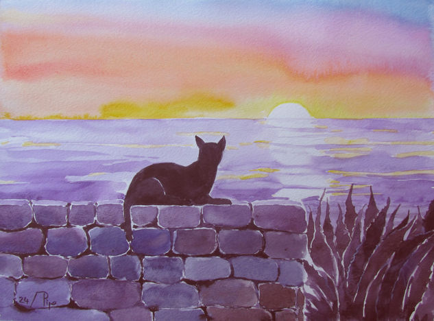 gato en el amanecer Watercolour Paper Marine Painting