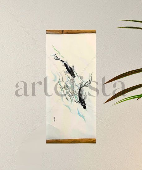 Original Koi Fish painting,  Beautiful Unique Japanese Painting, Natural Bamboo, Crepe Paper, Art Decoration, Living Room Wall Decor Tinta Papel Animales