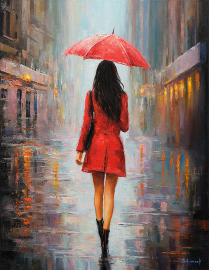 Rainy Spring Day Oil Canvas Figure Painting