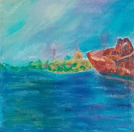 Barco costero en el mar calmo Acrylic Canvas Marine Painting