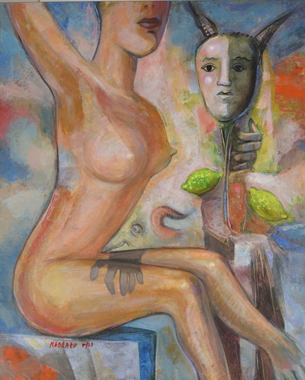 abstracción con infiltrados figurativos y sus limones Acrylic Canvas Figure Painting