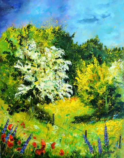 Hawthorn in blossom Oil Canvas Landscaping