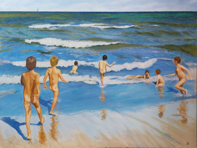 Niños en la playa - Homenaje a Sorolla Oil Panel Marine Painting