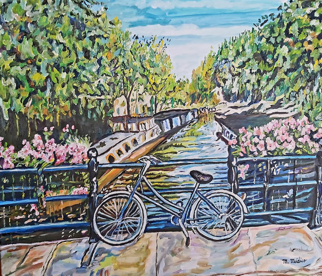 Bicicleta sobre el Canal ( Amsterdam  ) Óleo Lienzo Paisaje