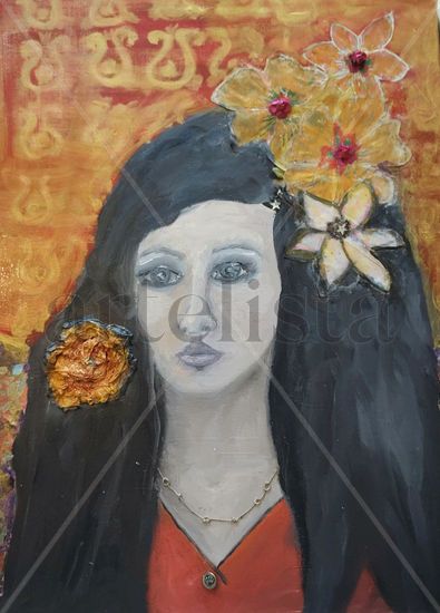 retrato de mujer con flores Mixed media Canvas Portrait