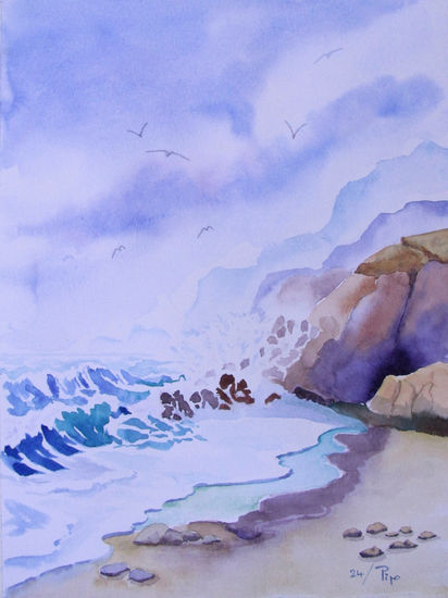 orilla en la bruma Watercolour Paper Marine Painting