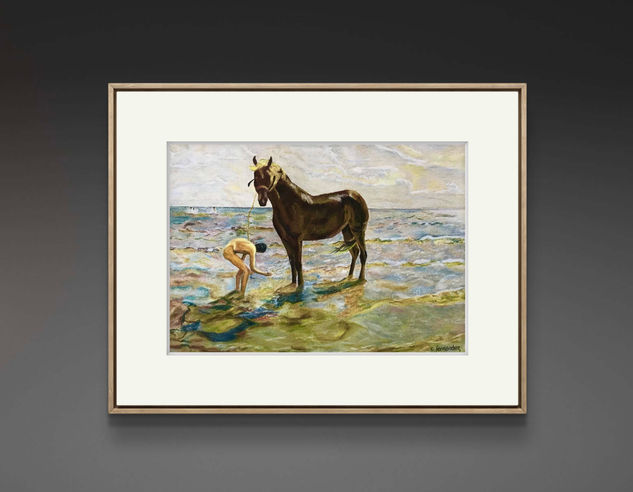 El baño del caballo Pastel Paper Marine Painting