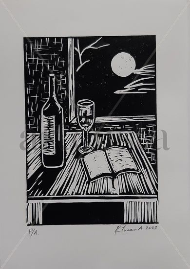 Luna llena desde mi habitación Linograbado