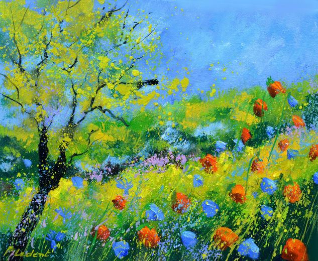 Red and blue poppies Oil Canvas Landscaping