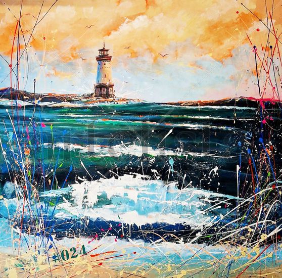 "THE LIGHTHOUSE  OF THE  BLUE DOLPHINS WHERE LOVES SLEEP #024" Acrylic Textile Marine Painting