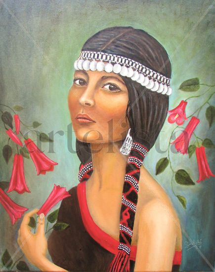 Mujer mapuche y copihues. Oil Canvas Figure Painting