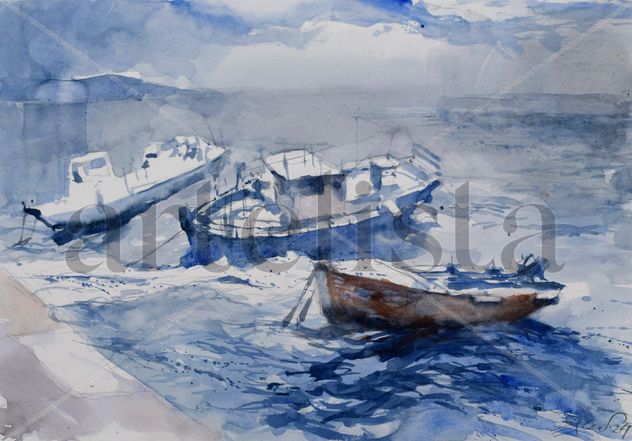 Three boats on stormy sea