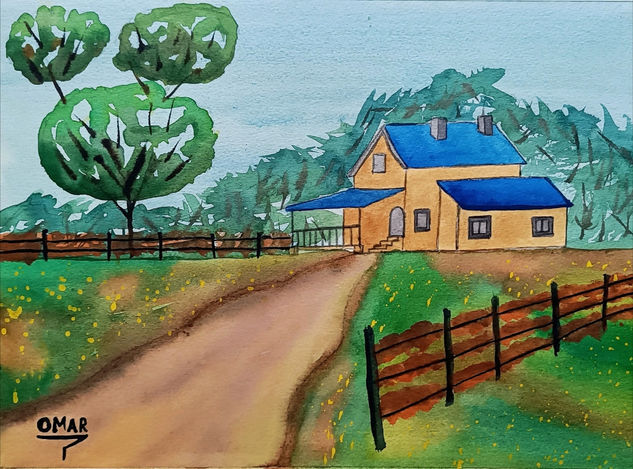 The blue farm Acuarela Papel Paisaje