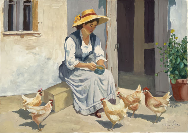 Campesina y sus gallinas Óleo Cartulina Paisaje