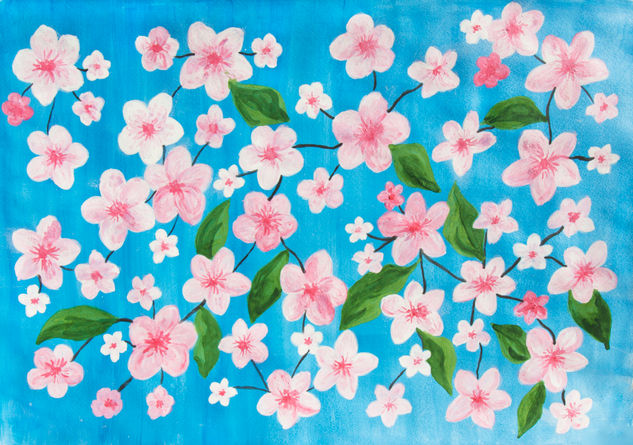 Pink cherry flowers on blue Watercolour Paper Floral Painting