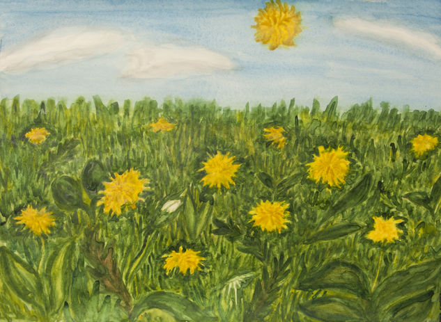 Meadow with yellow dandelions Watercolour Paper Floral Painting