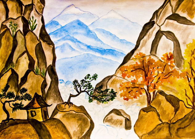 Little house in mountains Watercolour Paper Landscaping