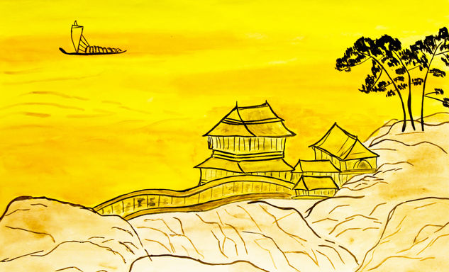 Chinese landscape on yellow Watercolour Paper Landscaping