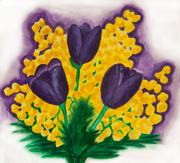 Violet tulips with mimosa Watercolour Paper Floral Painting