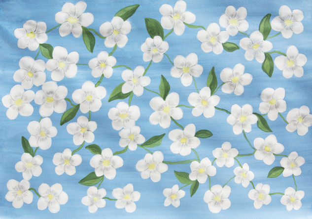 White pring flowers on blue Acuarela Papel Floral