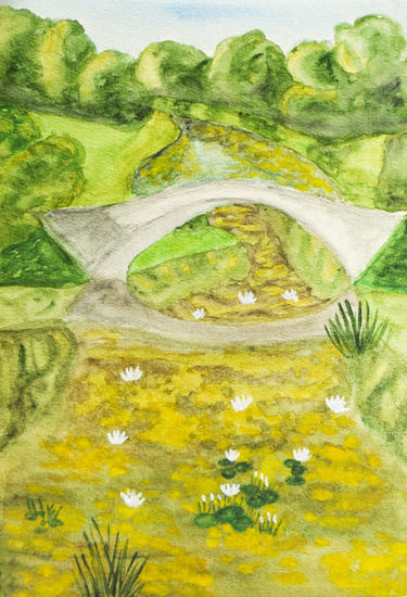 Summer landscape with bridge on river in park Acuarela Papel Paisaje