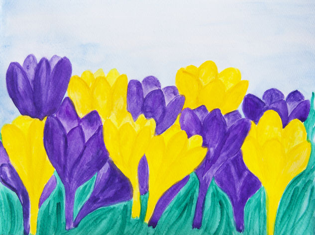 Purple and yellow crocuses Watercolour Paper Floral Painting