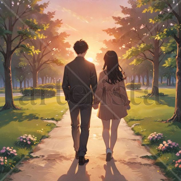 una pareja en una cita en un atardecer