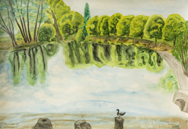 Lake with trees in park Watercolour Paper Landscaping