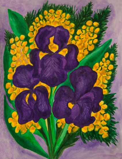 Violet irises with mimosa Watercolour Paper Floral Painting