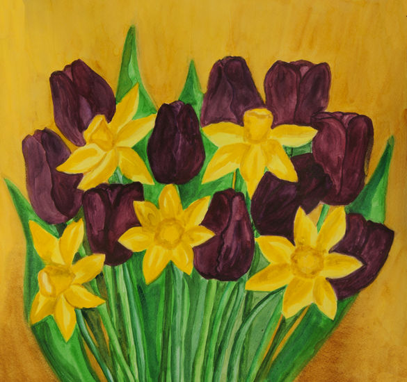 Violet tulips and yellow daffodiles Acuarela Papel Floral