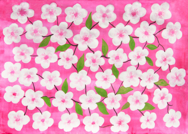 White flowers on pink Gouache Papel Floral