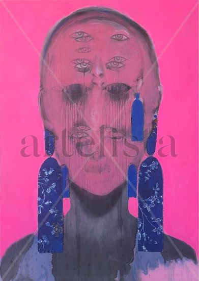 Post- Bijouterie in pink and blue Media Mixta Tela Retrato