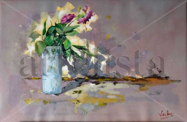 Bodegon con flores y jarron azul