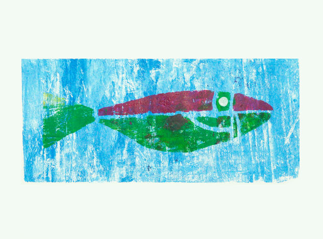 Pez simbólico en azul Gouache Paper Marine Painting