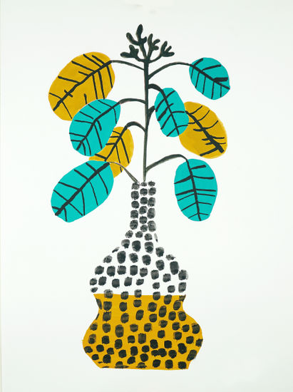 Hojas doradas y turquesas en jarrón gráfico Gouache Paper Floral Painting