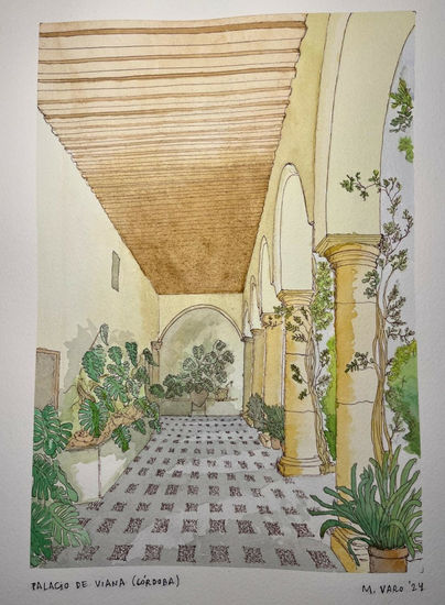 Patio del Palacio de Viana (Córdoba) Acuarela Papel Paisaje