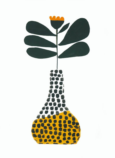 Flor minimalista en jarrón amarillo Gouache Paper Floral Painting