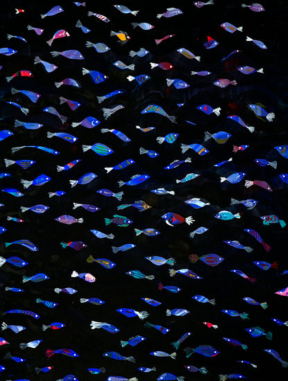 Peces azules en un atasco Gouache Paper Marine Painting