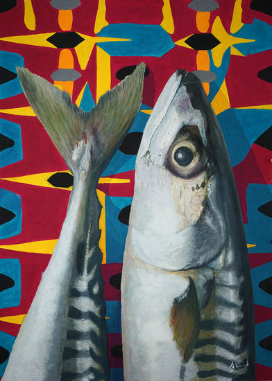 Danza de peces sobre fondo geométrico Gouache Paper Marine Painting