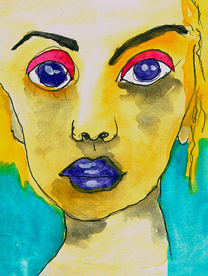 Retrato expresivo con labios violetas Gouache Paper Portrait
